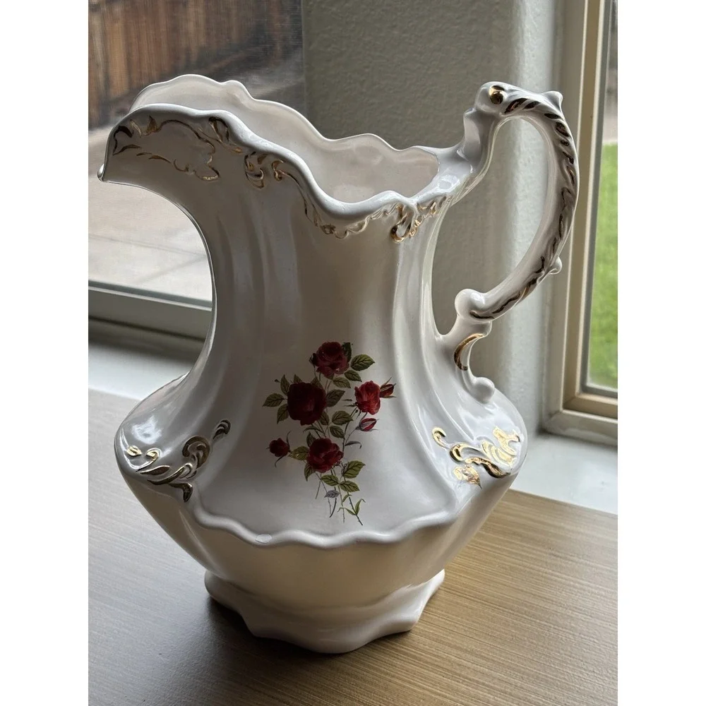 Beautiful Vintage Hobbyist 1977 Hand Painted Red Rose Ceramic Pitcher Vase